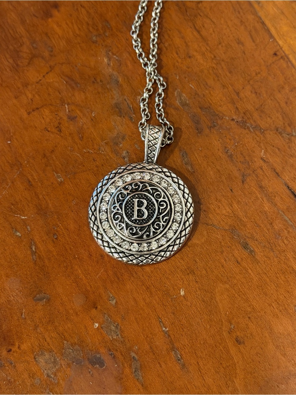 Vintage Silver Tone Rhinestone Initial B Medallion Pendant Necklace Chain